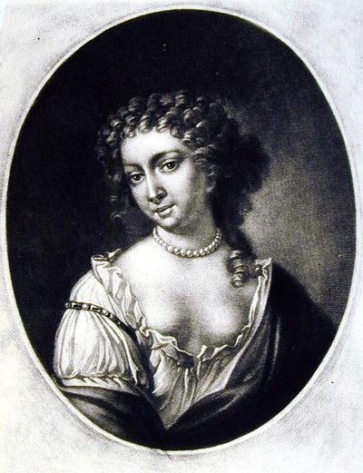 Eleanor Gwynne (1650-87) illustration fra Portraits of Characters Illustrious in British History, indgraveret af Richard Earlom (1743-1822) og Charles Turner (ca. 1775-1857) (mezzotint) af English School
